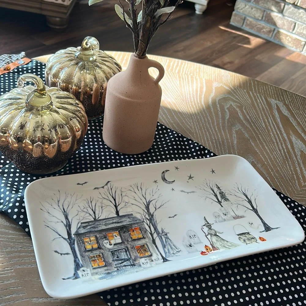 NEW! Halloween Gothic Witch & Ghost Haunted House Ceramic Serving Dish Tray